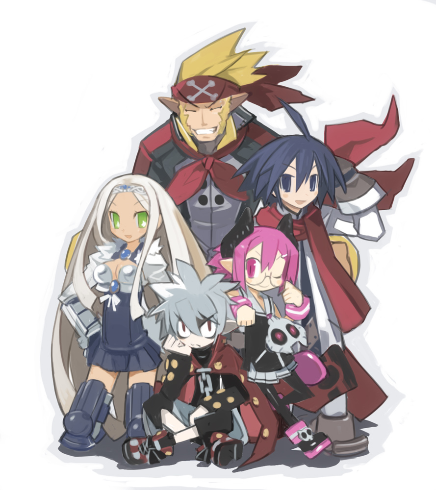 harada takehito, almaz von almadine adamant, champloo (disgaea), mao (disgaea), mr. champloo, raspberyl, sapphire rhodonite, disgaea, makai senki disgaea 3, nippon ichi, official art, 2girls, 3boys, horns, multiple boys, multiple girls, pink hair, pointy ears, white hair