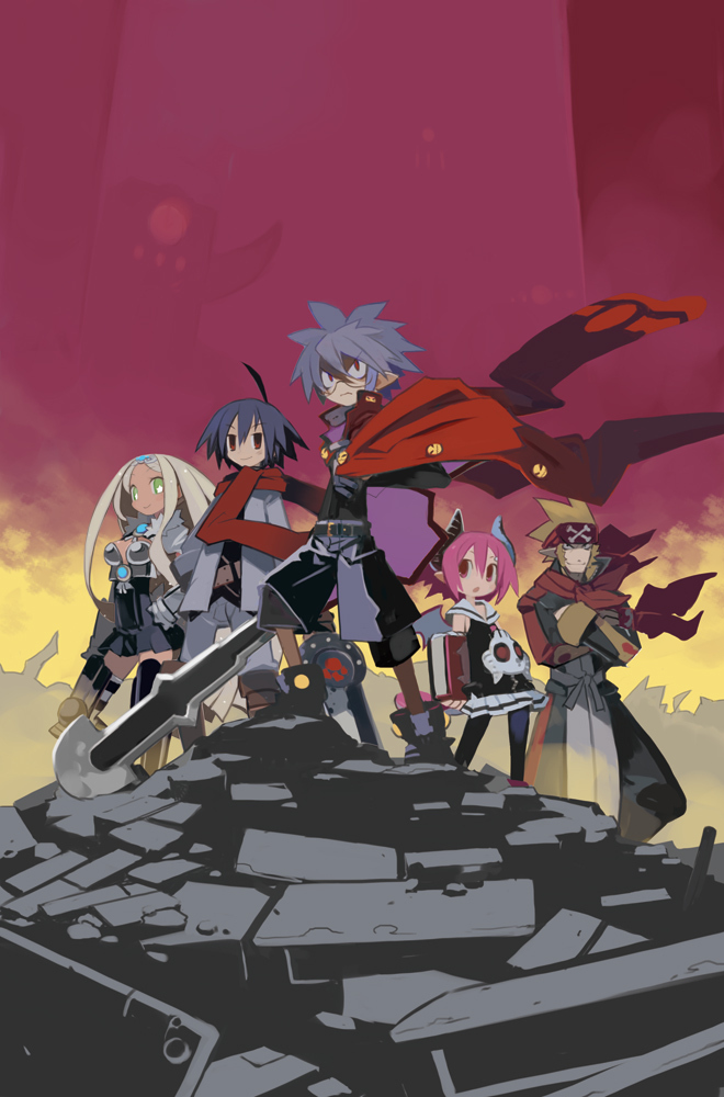 harada takehito, almaz von almadine adamant, mao (disgaea), mr. champloo, raspberyl, sapphire rhodonite, disgaea, makai senki disgaea 3, nippon ichi, official art, 2girls, 3boys, ahoge, bat wings, blonde hair, blue hair, book, dress, everyone, green eyes, grey hair, jacket, looking up, multiple boys, multiple girls, pantyhose, pink eyes, pink hair, red eyes, scarf, school uniform, short hair, skirt, smile, sword, tail, thighhighs, tiara, weapon, white hair, wings
