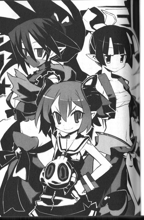 asuka cranekick, kyoko needleworker, raspberyl, disgaea, makai senki disgaea 3, nippon ichi, scan, 3girls, bare shoulders, bat wings, blunt bangs, blush, collarbone, dress, greyscale, hands on own hips, looking at viewer, monochrome, multiple girls, short hair, smile, upper body, wings