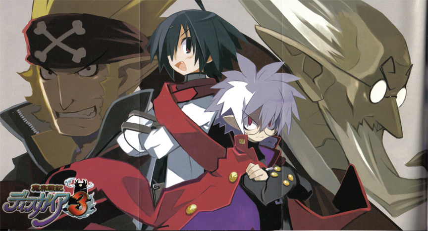 harada takehito, almaz von almadine adamant, geoffrey (disgaea), mao (disgaea), mr. champloo, disgaea, makai senki disgaea 3, nippon ichi, 4boys, black hair, blonde hair, fang, glasses, headband, male focus, multiple boys, red eyes, white hair