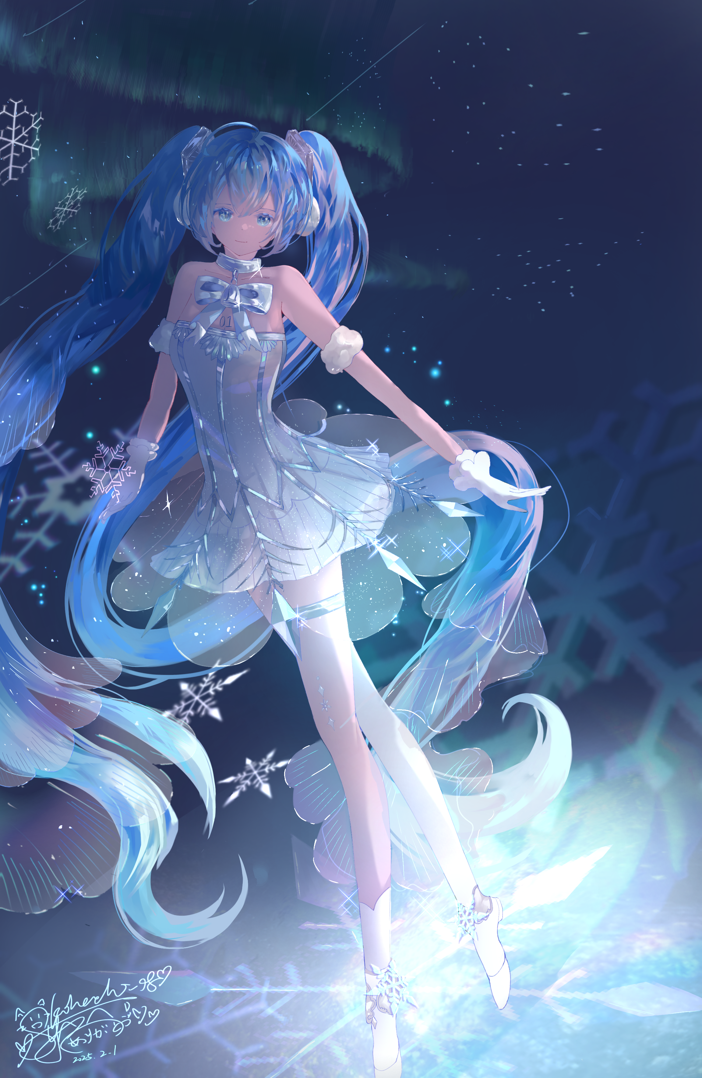 gramophone miku, gramophone miku (frostflower), hatsune miku, miku symphony (vocaloid), vocaloid, absurdres, highres, 1girl, ballerina, ballet slippers, bare shoulders, blue eyes, blue hair, closed mouth, collarbone, dress, gloves, headset, ko8 kohachi, long hair, official alternate costume, official alternate hairstyle, smile, solo, strapless, strapless dress, tutu, twintails, white dress, white gloves