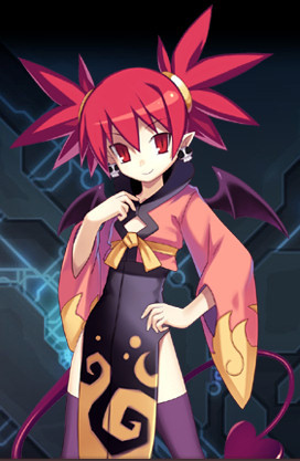 harada takehito, etna (disgaea), cross edge, disgaea, nippon ichi, x edge, lowres, 1girl, bat wings, earrings, female focus, flat chest, jewelry, red eyes, red hair, solo, tail, thighhighs, wings, x-edge, zettai ryouiki