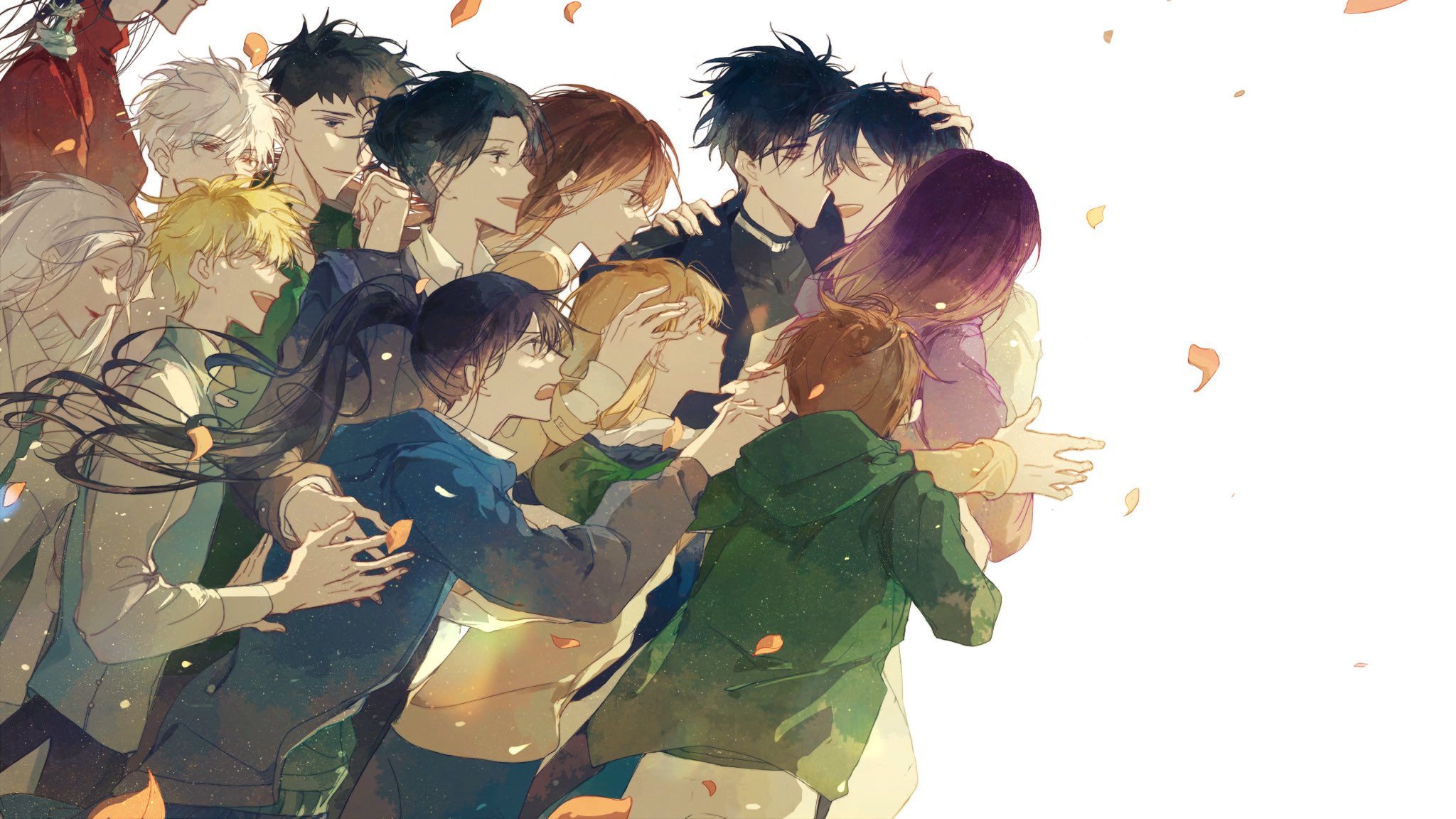 han sooyoung, jang hayoung, jung heewon, kim dokja, kim namwoon, kyrgios rodgraim, lee gilyoung, lee hyunsung, lee jihye, lee seolhwa, shin yoosung, yoo joonghyuk, yoo sangah, omniscient reader's viewpoint, annotated, highres, 6+boys, 6+girls, :d, absolutely everyone, black coat, black eyes, black hair, black shirt, blonde hair, breathing742105, brown eyes, brown hair, clenched hand, closed eyes, coat, everyone, falling petals, green hoodie, grin, group hug, hair bun, hair flowing over, hand on another's head, hand on another's shoulder, hood, hood down, hoodie, hug, mini person, miniboy, multiple boys, multiple expressions, multiple girls, namgung minyoung, open mouth, out of frame, petals, ponytail, purple hair, purple hoodie, shirt, short hair, size difference, smile, white coat, white hair