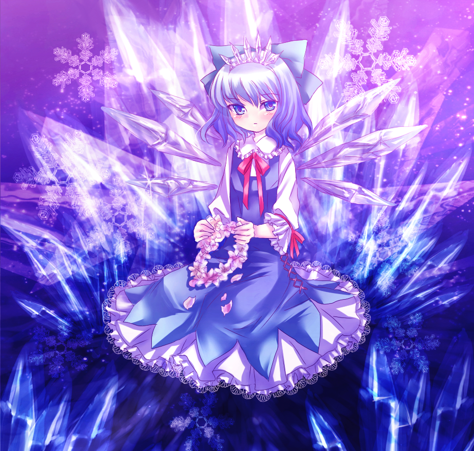 neme, cirno, embodiment of scarlet devil, touhou, bad id, bad pixiv id, 1girl, blue eyes, blue hair, bow, bowtie, crystal, dress, female focus, flower, full body, gradient background, hair ribbon, ice, matching hair/eyes, petals, ribbon, solo, tiara, wings