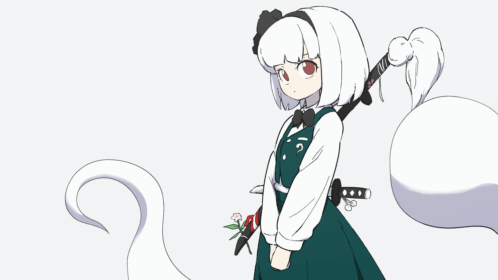 uzou (uzooooooooo), konpaku youmu, konpaku youmu (ghost), touhou, highres, 1girl, :o, black bow, black bowtie, bow, bowtie, closed mouth, expressionless, from side, green skirt, green vest, hairband, katana, long sleeves, medium hair, own hands together, red eyes, shirt, skirt, solo, sword, sword on back, vest, weapon, weapon on back, white background, white hair, white shirt