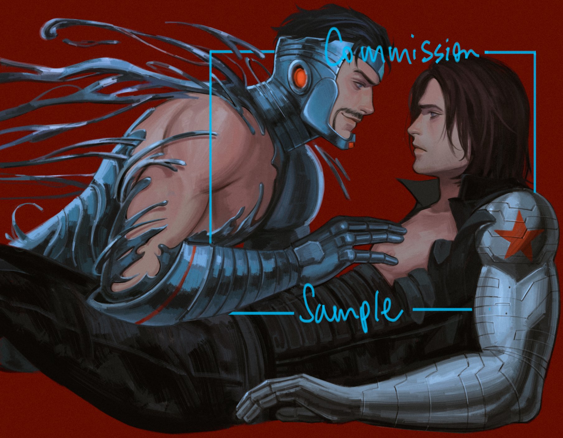 kdf (nomorelemontea), bucky barnes, iron man, tony stark, winter soldier, avengers (series), captain america (series), iron man (series), marvel, highres, 2boys, arc reactor, armor, beard, blonde hair, brown hair, facial hair, male focus, multiple boys, nipples, power armor, short hair, smile, superhero costume, yaoi