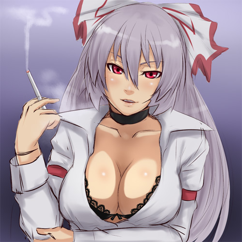 houtengeki, fujiwara no mokou, touhou, lowres, 1girl, bra, breasts, choker, cigarette, cleavage, female focus, hou takashi ji, large breasts, lingerie, smoking, solo, underwear