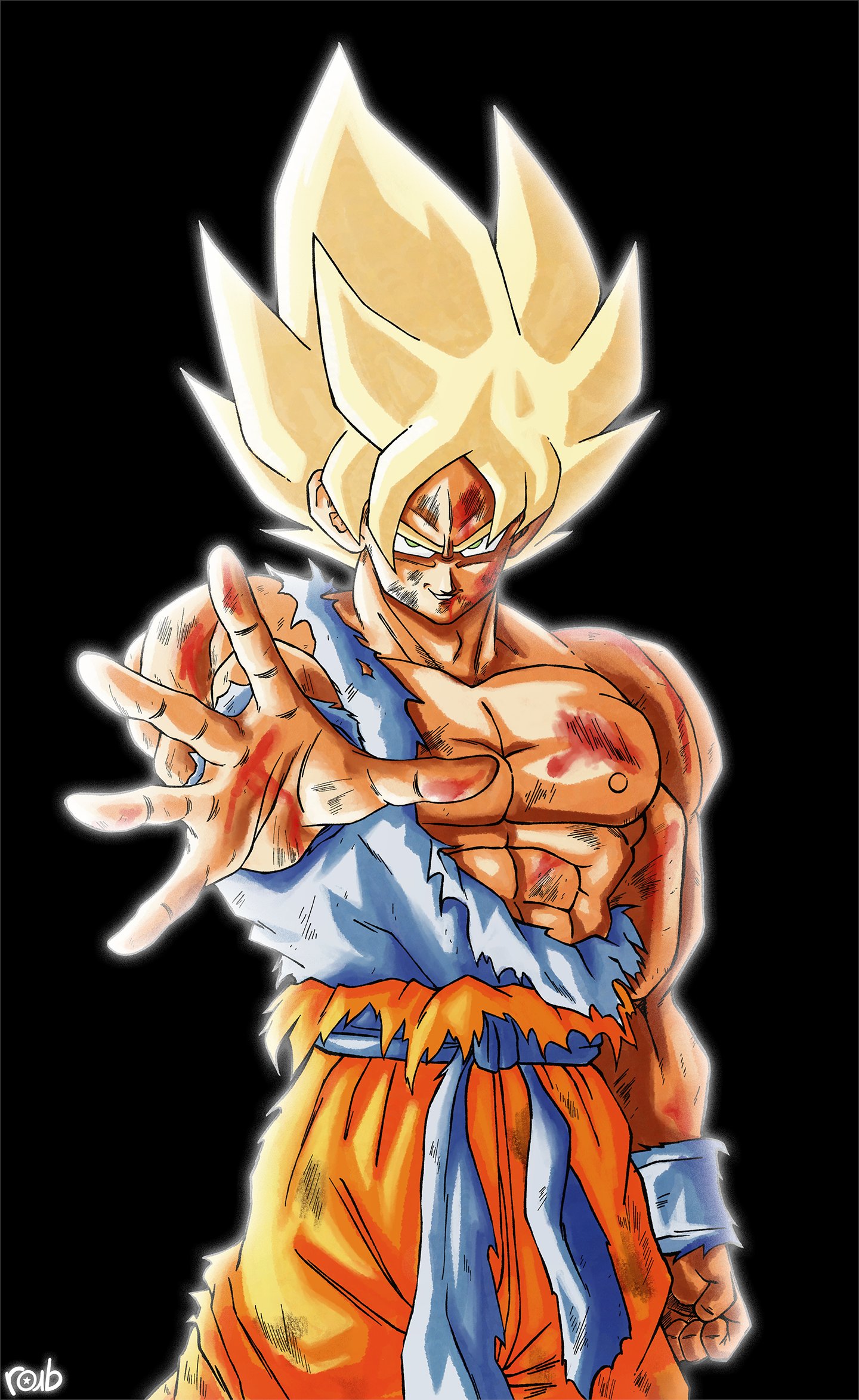 son goku, dragon ball, dragonball z, highres, 1boy, abs, blonde hair, blue shirt, cowboy shot, green eyes, male focus, medium hair, muscular, muscular male, orange pants, pants, roub3d, shirt, solo, spiked hair, super saiyan, super saiyan 1, torn clothes, torn shirt
