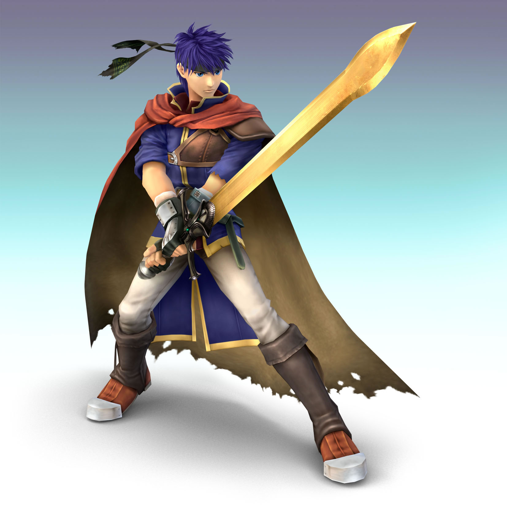 ike (fire emblem), fire emblem, fire emblem: path of radiance, nintendo, super smash bros., highres, official art, 3d, blue eyes, blue hair, cape, gloves, headband, male focus, solo, sword, weapon