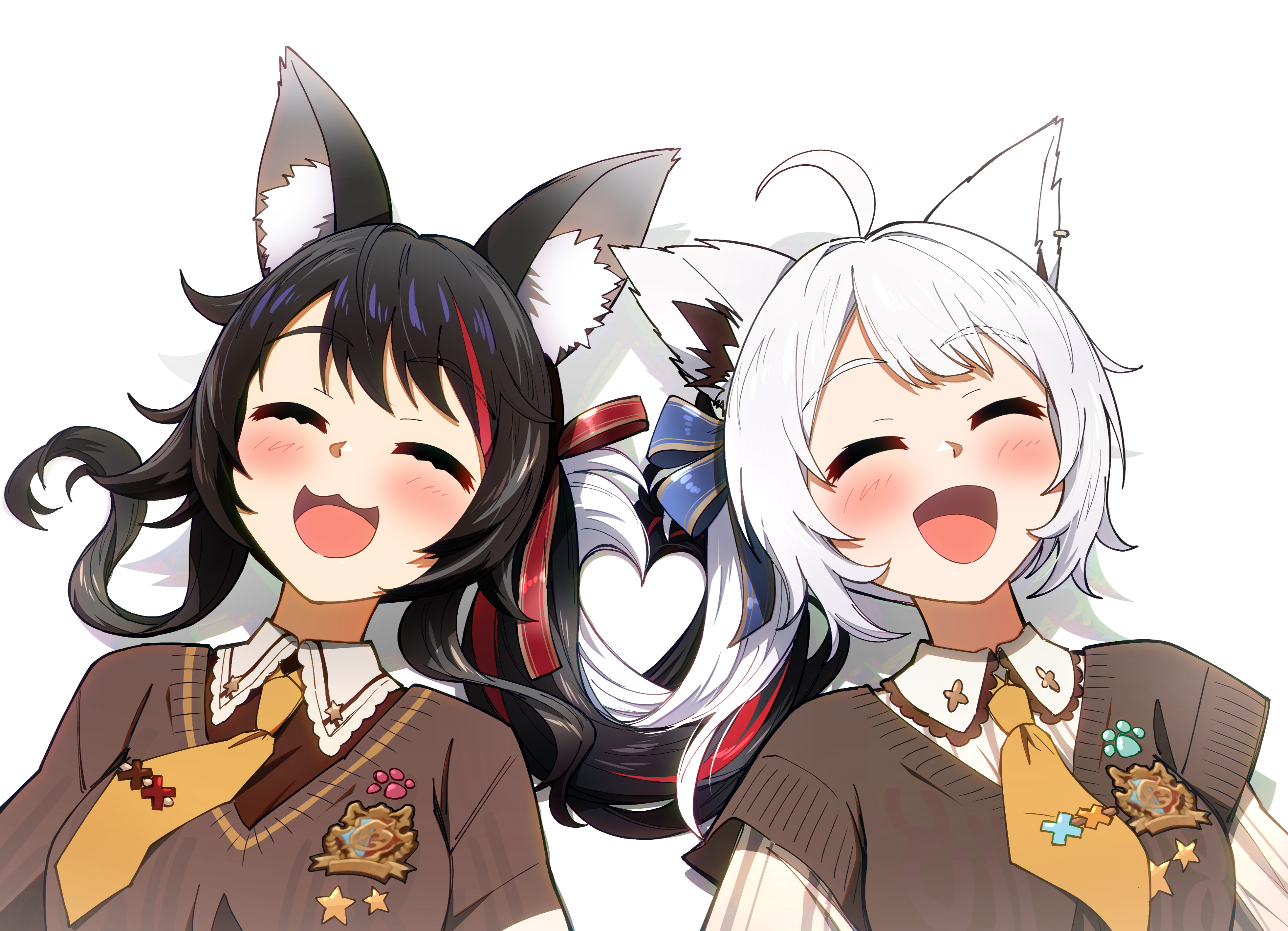 ddolbang, ookami mio, shirakami fubuki, hololive, highres, 2girls, ahoge, animal ear fluff, animal ear piercing, animal ears, black hair, blue ribbon, blush, closed eyes, collared shirt, fox ears, fox girl, hair ribbon, long hair, lying, multicolored hair, multiple girls, necktie, official alternate costume, on back, ookami mio (9th costume), open mouth, paw print, red hair, red ribbon, ribbon, shirakami fubuki (11th costume), shirt, simple background, smile, virtual youtuber, white background, white hair, wolf ears, wolf girl, yellow necktie