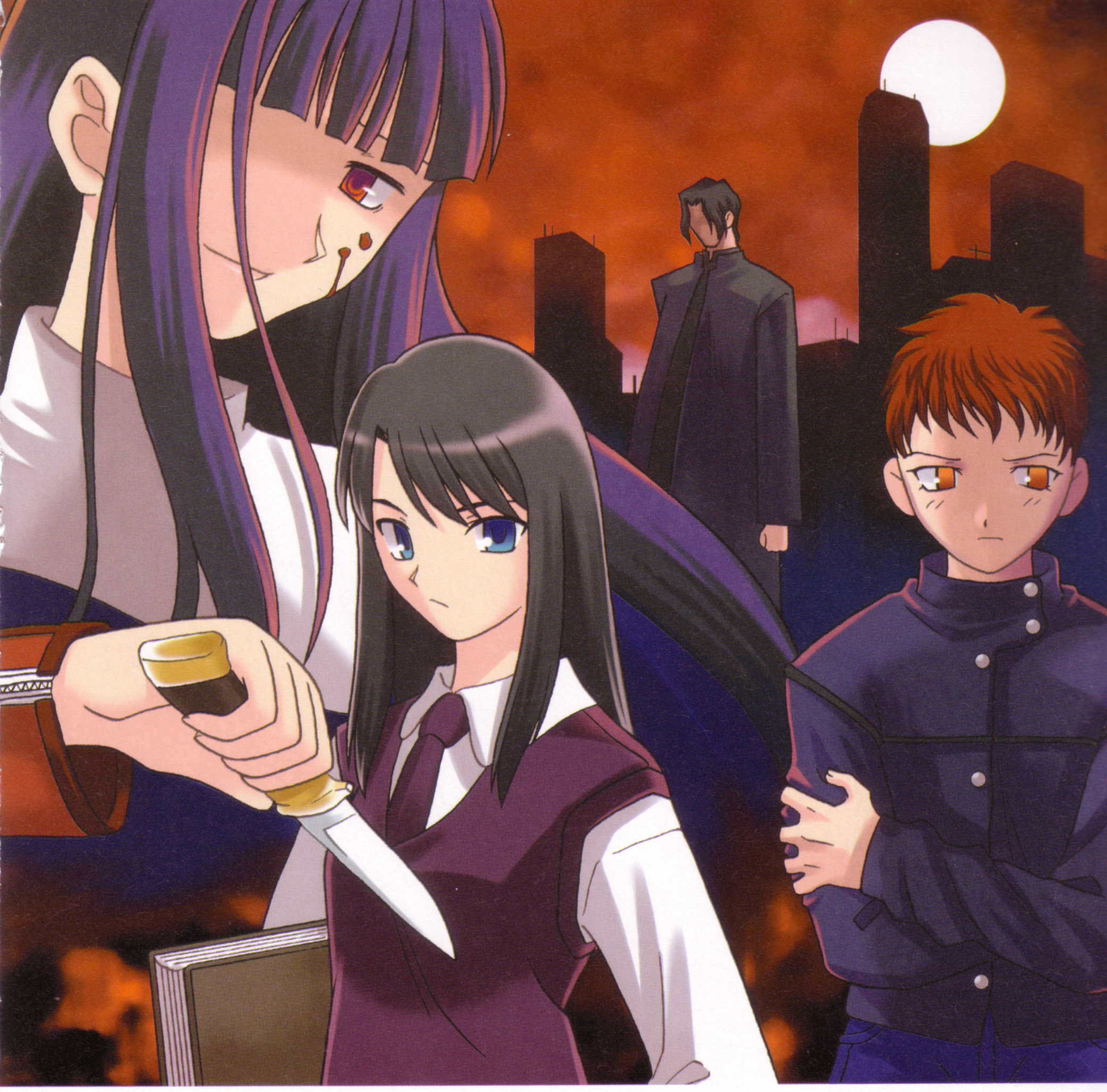 takeuchi takashi, araya souren, asagami fujino, enjou tomoe, kokutou azaka, kara no kyoukai, highres, scan, 2boys, 2girls, blood, full moon, knife, moon, multiple boys, multiple girls, reien girl's academy school uniform, school uniform