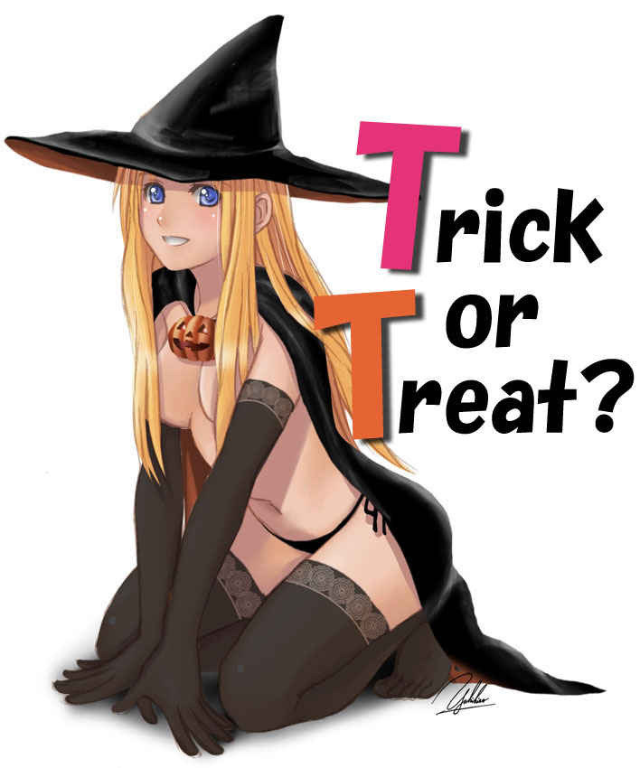 yukihiro, original, bad id, bad pixiv id, 1girl, blonde hair, blue eyes, breasts, cape, censored, convenient censoring, elbow gloves, female focus, gloves, hair censor, hair over breasts, halloween, hat, jack-o'-lantern, long hair, medium breasts, panties, pumpkin, side-tie panties, signature, smile, solo, thighhighs, trick or treat, underwear, white background, witch hat