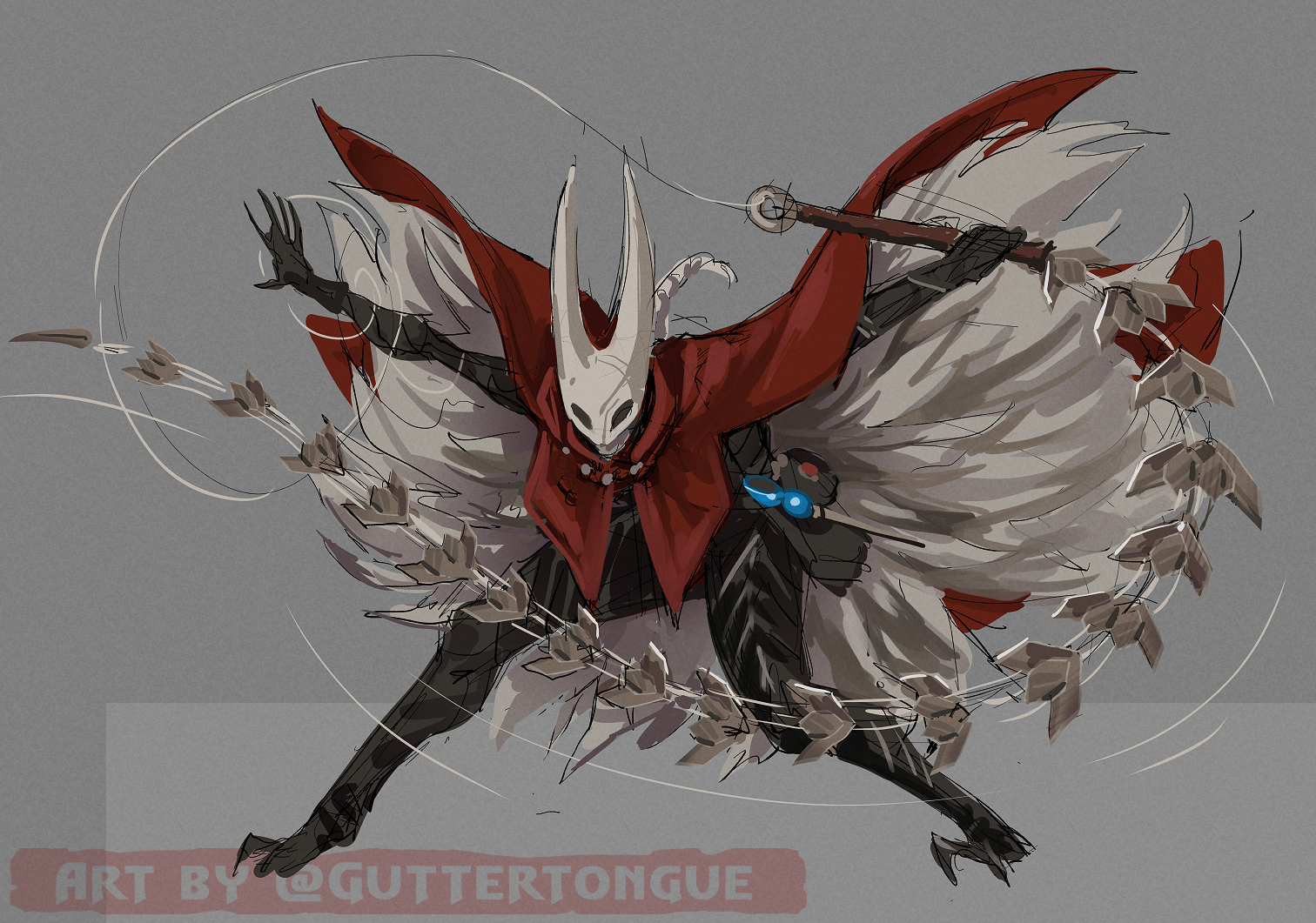guttertongue, hornet (hollow knight), hollow knight, hollow knight: silksong, commentary, english commentary, 1girl, armor, black armor, cape, grey hair, holding, holding sword, holding weapon, horned mask, humanization, mask, ponytail, red cape, sketch, solo, sword, tool (hollow knight), weapon, whip sword, white mask