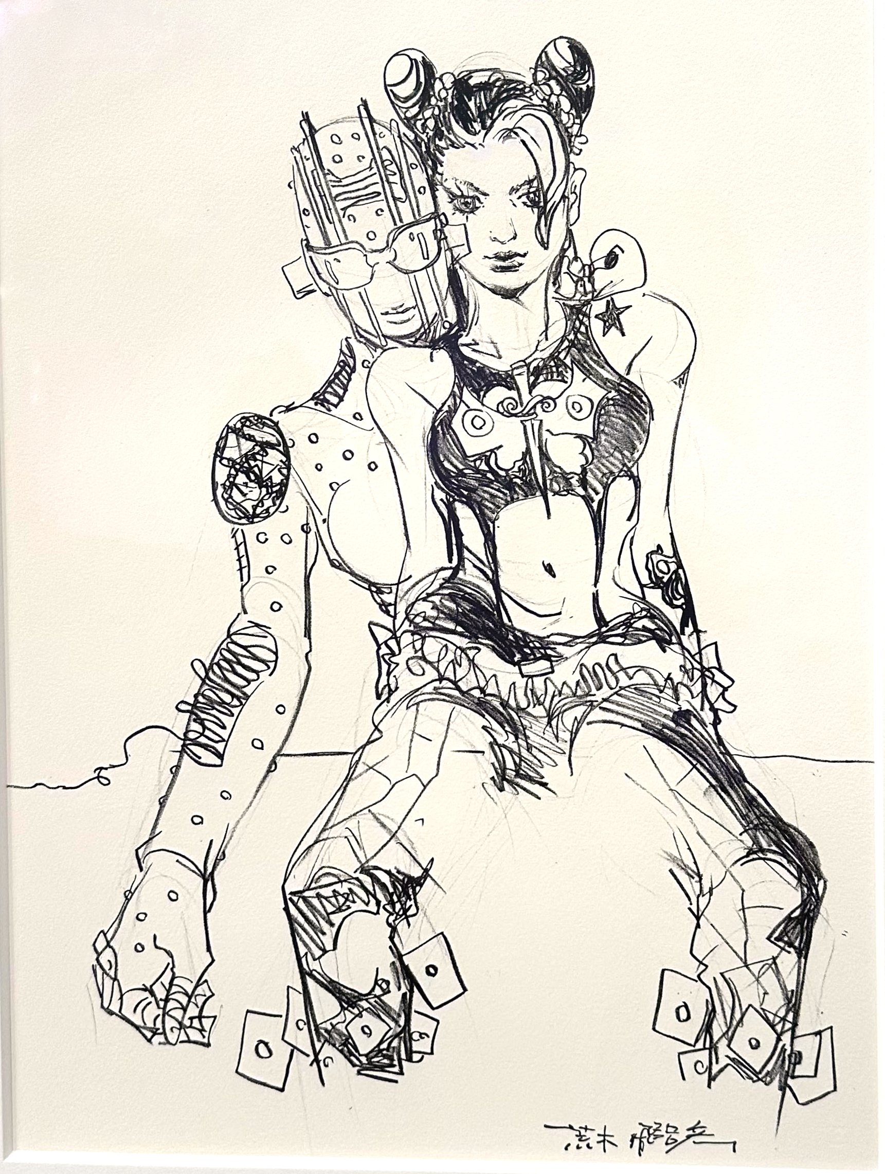 kuujou jolyne, stone free, jojo no kimyou na bouken, stone ocean, commentary, english commentary, highres, official art, second-party source, traditional media, 1girl, 1other, birthmark, braid, butterfly ornament, cone hair bun, crop top, double bun, greyscale, hair bun, joestar birthmark, midriff, monochrome, multicolored hair, navel, pants, sketch, stand (jojo), sunglasses, swept bangs, tattoo, two-tone hair