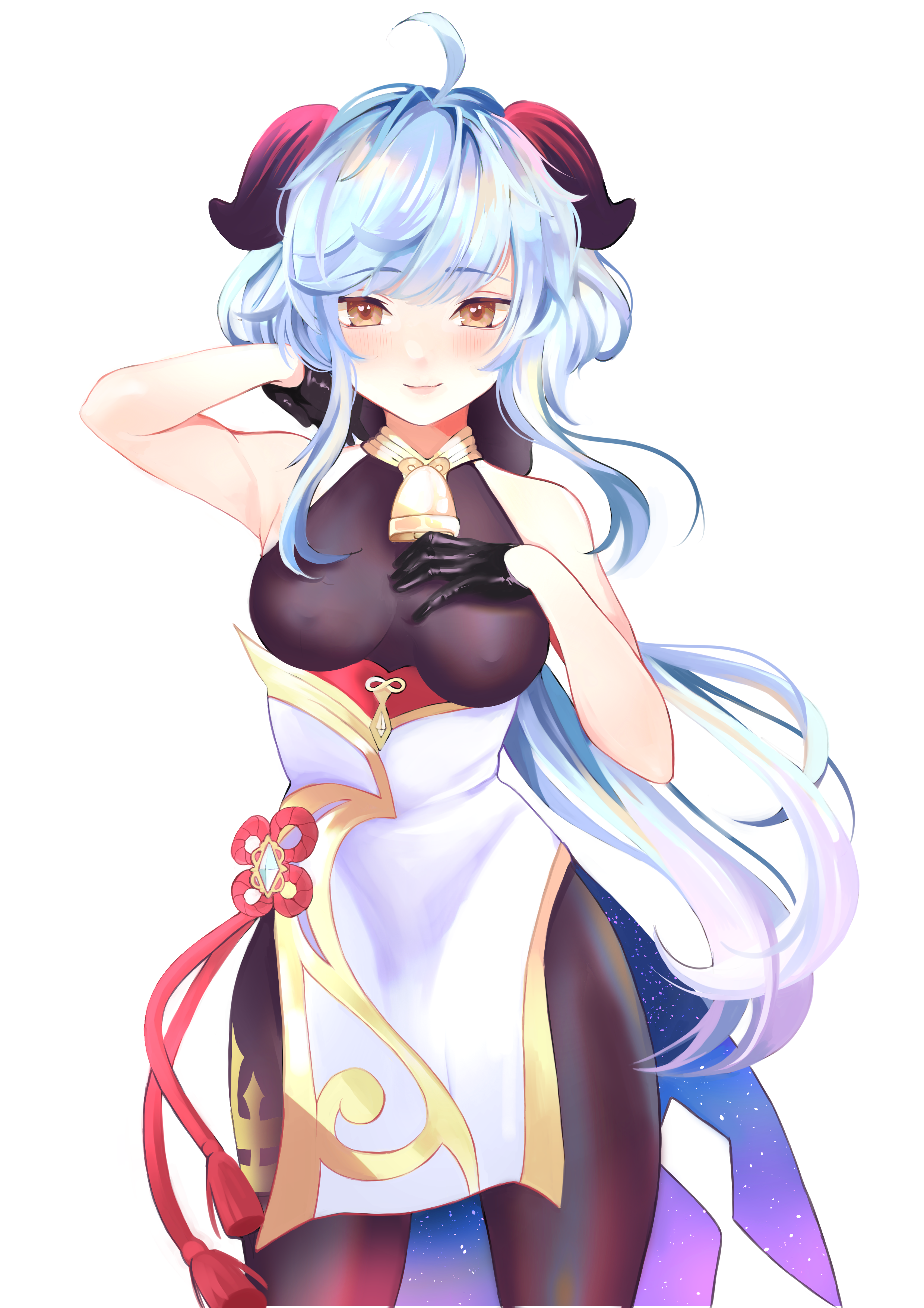 ganyu (genshin impact), genshin impact, absurdres, commentary, highres, 1girl, ahoge, arm up, bare arms, bell, black gloves, blue hair, blush, bodystocking, breasts, brown eyes, chinese knot, closed mouth, covered erect nipples, cowbell, cowboy shot, dress, gloves, goat horns, hand on own chest, heart, heart in eye, horns, long hair, looking at viewer, medium breasts, neck bell, sidelocks, simple background, sleeveless, sleeveless bodystocking, smile, solo, straight-on, swept bangs, symbol in eye, vyeranika, white background, white dress