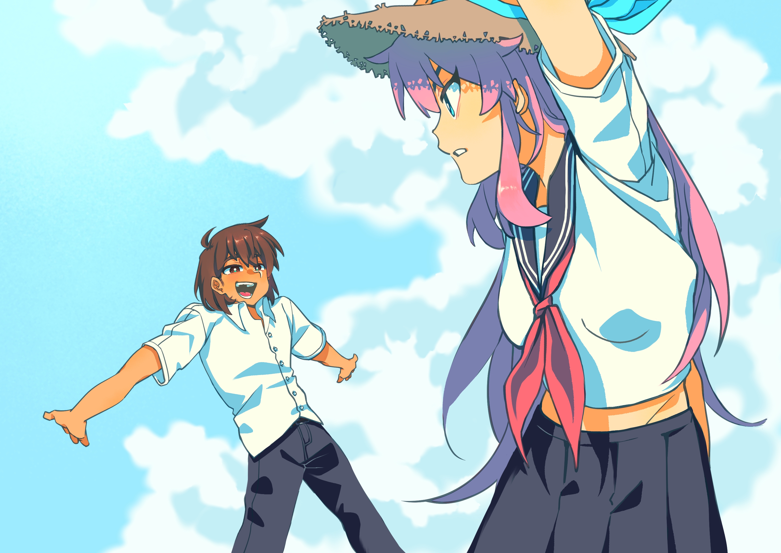 aubrey (faraway) (omori), aubrey (omori), kel (faraway) (omori), kel (omori), omori, chinese commentary, commentary request, highres, 1boy, 1girl, alternate costume, arm up, black pants, black skirt, blue eyes, blue ribbon, breasts, bright pupils, brown eyes, brown hair, collared shirt, dark-skinned male, dark skin, hat, hat ribbon, huasuan69416, looking at another, neckerchief, open mouth, pants, parted lips, pink hair, pleated skirt, red neckerchief, ribbon, shirt, short hair, short sleeves, skirt, small breasts, smile, sun hat, teeth, tongue, white pupils, white shirt