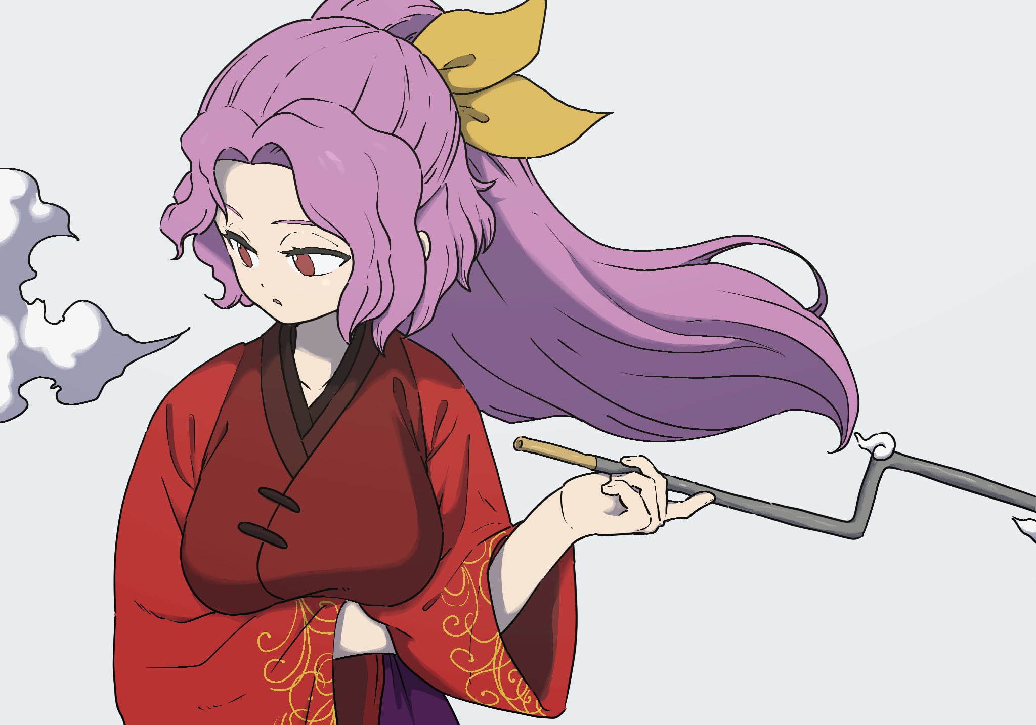 uzou (uzooooooooo), komakusa sannyo, touhou, highres, 1girl, arm under breasts, collarbone, expressionless, grey background, holding, holding smoking pipe, long hair, long sleeves, looking to the side, ponytail, purple eyes, purple hair, purple skirt, red shirt, ribbon, shirt, skirt, smoke, smoking, smoking pipe, solo, upper body, yellow ribbon