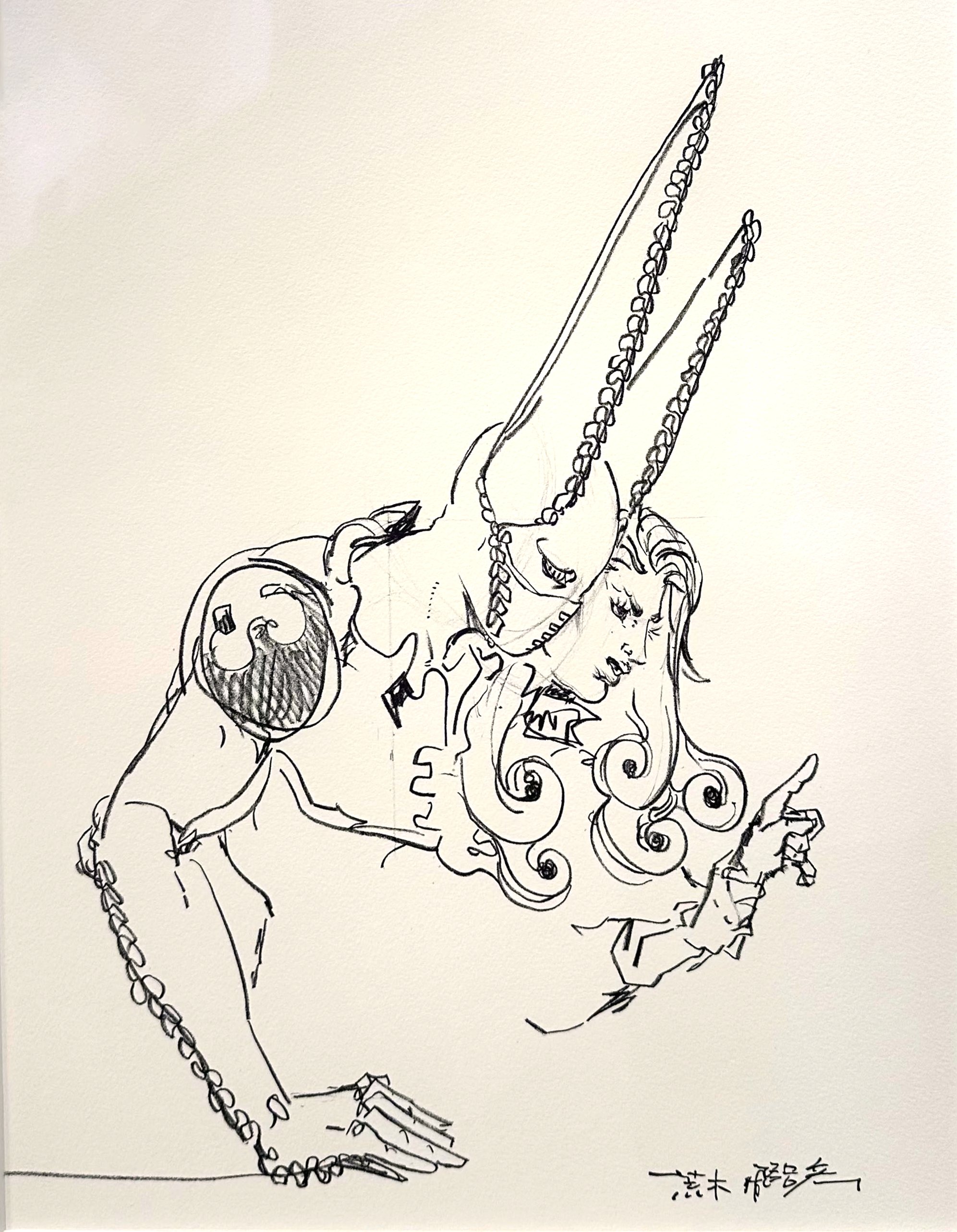 araki hirohiko, dirty deeds done dirt cheap, funny valentine, jojo no kimyou na bouken, steel ball run, absurdres, commentary, english commentary, highres, official art, second-party source, traditional media, 1boy, 1other, animal ears, compound eyes, curly hair, fake animal ears, greyscale, index finger raised, long hair, mask, monochrome, mouth mask, rabbit ears, sketch