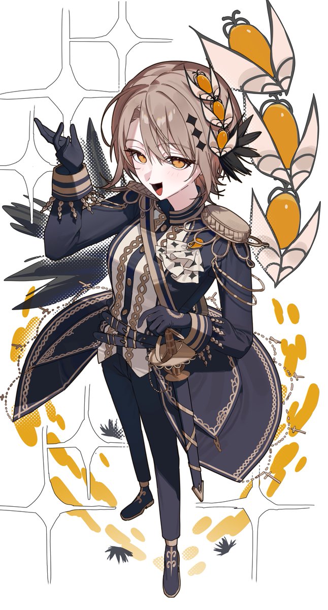 d4kou16, mahou shoujo no majo saiban, highres, 1girl, :d, belt, black belt, black gloves, black jacket, black pants, black shoes, brown hair, epaulettes, full body, gloves, hair ornament, hand on hilt, hand up, hasumi reia, jacket, long sleeves, looking at viewer, magical girl, open mouth, pants, sash, sheath, sheathed, shoes, short hair, shoulder sash, smile, solo, standing, sword, weapon, white background, yellow eyes