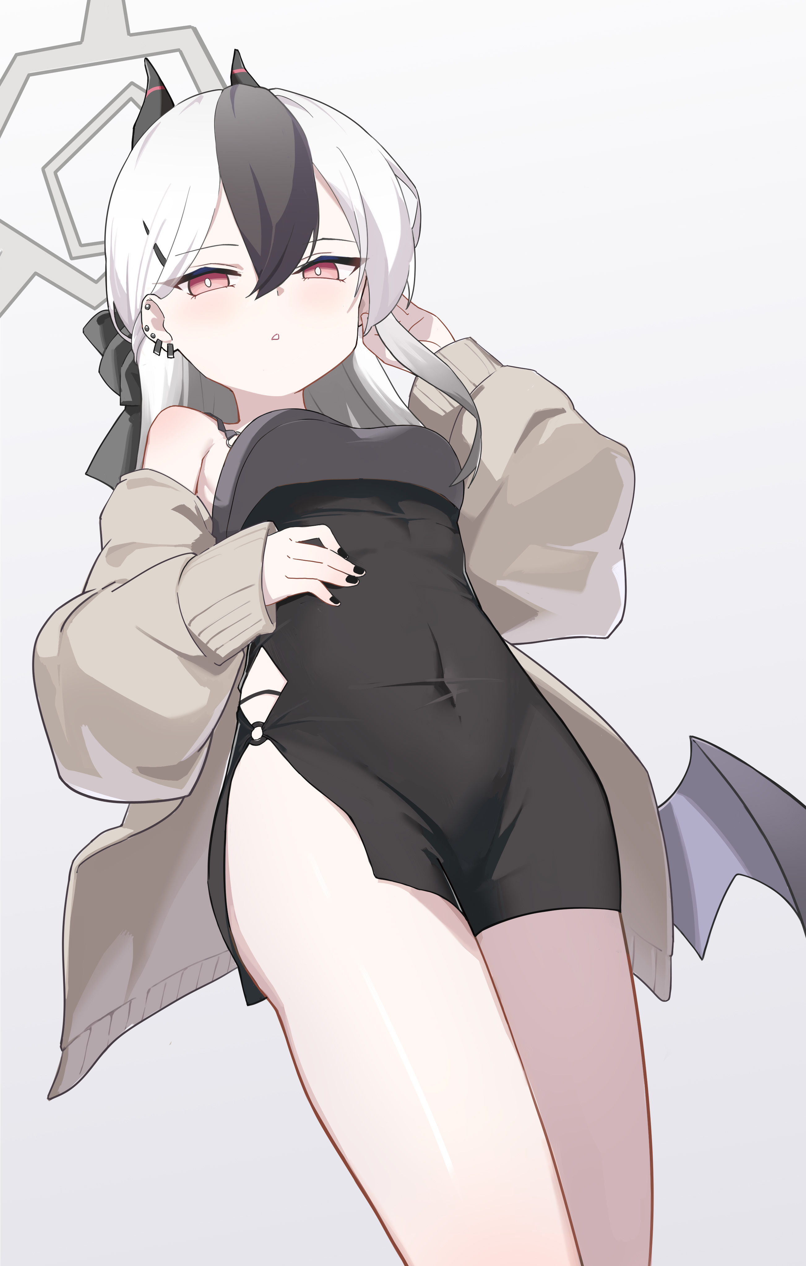 kaminari (edeath), kayoko (blue archive), kayoko (dress) (blue archive), blue archive, absurdres, commentary, highres, 1girl, :o, bare shoulders, black bow, black dress, black hair, black horns, black nails, bow, breasts, bright pupils, clinging, clothing cutout, covered navel, cowboy shot, demon horns, demon wings, diamond cutout, dot nose, dress, dutch angle, ear piercing, earclip, foreshortening, from below, grey halo, grey jacket, hair between eyes, hair bow, halo, hand on own ear, hand up, highleg, horns, jacket, light blush, long hair, long sleeves, looking at viewer, medium breasts, multicolored hair, nail polish, official alternate costume, open clothes, open jacket, parted lips, piercing, puffy long sleeves, puffy sleeves, purple wings, red eyes, short dress, simple background, single sidelock, single sleeve past wrist, single wing, sleeveless, sleeveless dress, solo, standing, straight hair, thighs, two-tone hair, white background, white hair, wings