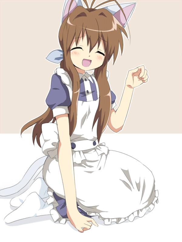 maruki (punchiki), furukawa sanae, clannad, bad id, bad pixiv id, 00s, animal ears, antenna hair, apron, blush, brown hair, cat ears, cat tail, closed eyes, long hair, maid, maid apron, paw pose, solo, tail