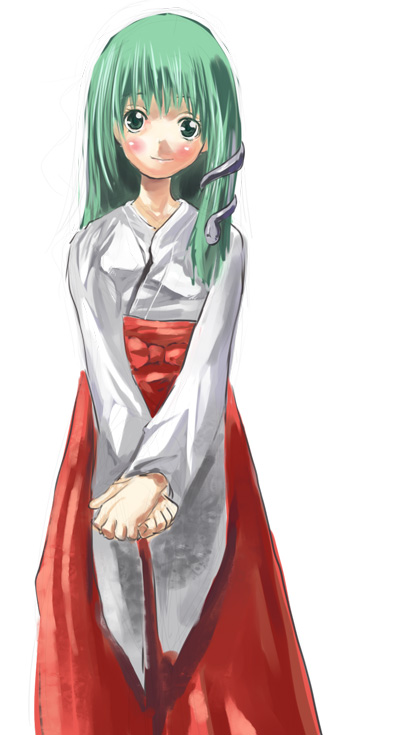 yohane, kochiya sanae, touhou, 1girl, alternate costume, blush, bow, female focus, green eyes, green hair, hair ornament, hakama, hakama skirt, japanese clothes, matching hair/eyes, miko, red hakama, skirt, smile, snake hair ornament, solo, straight hair, v arms