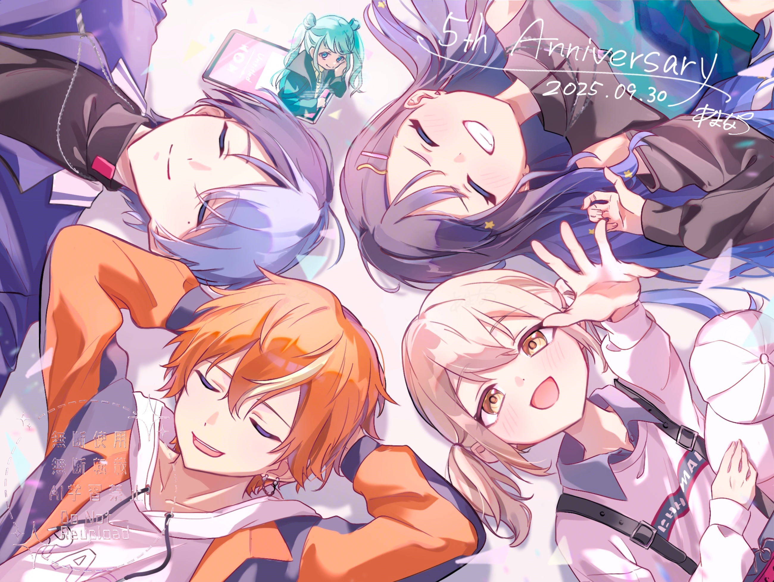 aoyagi touya, azusawa kohane, hatsune miku, shinonome akito, shiraishi an, vivid bad squad miku, kantai collection, project sekai, commentary request, highres, 2boys, 3girls, aqua hair, arms behind head, baseball cap, black hair, blonde hair, blue hair, brown eyes, brown hair, cellphone, clenched teeth, closed eyes, closed mouth, dated, drawstring, ear chain, facing viewer, hair ornament, hairpin, hat, holding, holding unworn clothes, holding unworn hat, hood, hoodie, jacket, jacket over hoodie, jewelry, lapels, linked piercing, long hair, long sleeves, looking at another, lying, mole, mole under eye, multicolored hair, multiple boys, multiple girls, natumikan mo, necklace, notched lapels, on back, open clothes, open jacket, open mouth, orange hair, outstretched arm, outstretched hand, phone, piercing, short hair, short twintails, signature, smartphone, smile, split-color hair, star (symbol), star hair ornament, streaked hair, suspenders, teeth, tied drawstring, twintails, two-tone hair, unworn hat, unworn headwear, upper body, vivid bad squad (project sekai), white hat, white hoodie