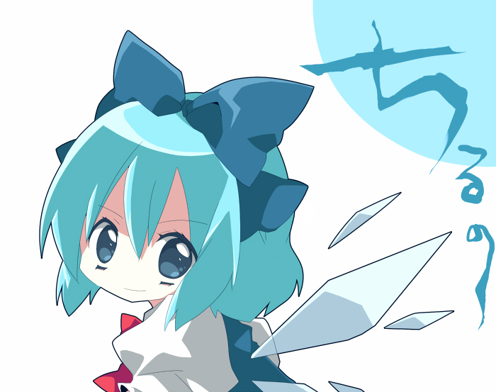ana (rznuscrf), cirno, embodiment of scarlet devil, touhou, translated, 1girl, blue eyes, blue hair, bow, female focus, hair bow, matching hair/eyes, short hair, simple background, smile, solo, wings