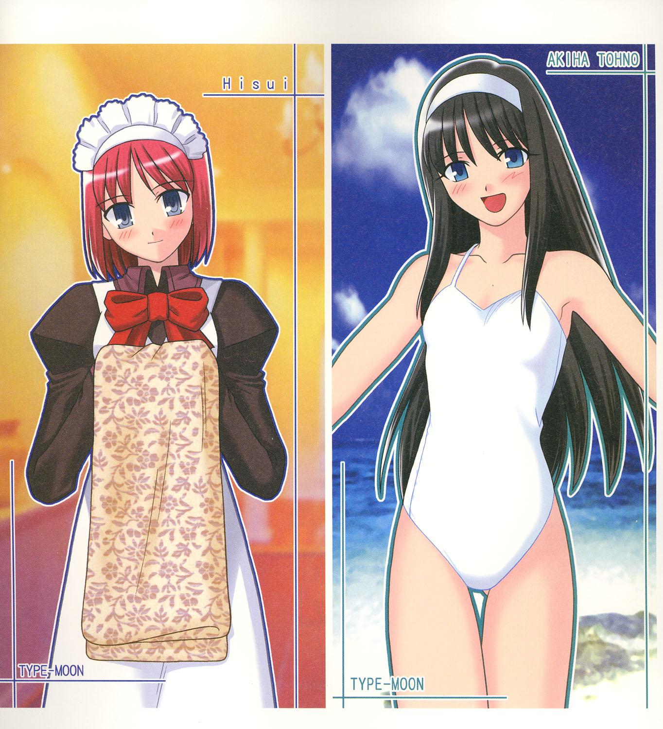 takeuchi takashi, hisui (tsukihime), tohno akiha, tsukihime, highres, scan, 00s, black hair, blue eyes, blush, long hair, maid, one-piece swimsuit, red hair, short hair, swimsuit