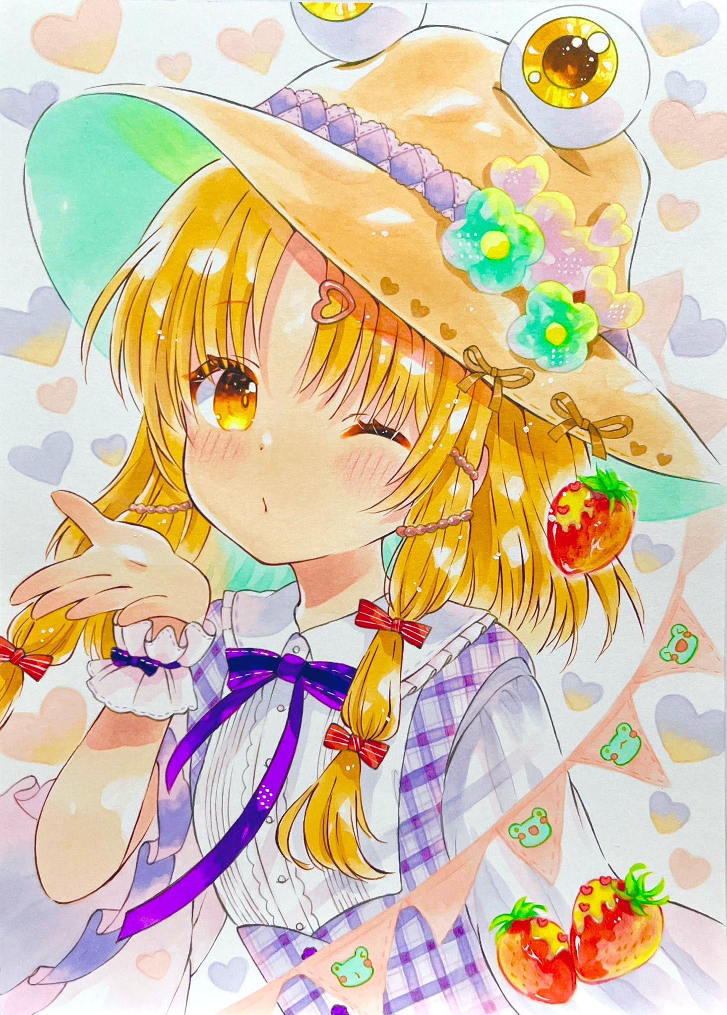 yuzugoori, moriya suwako, touhou, commentary, highres, symbol-only commentary, 1girl, alternate costume, blonde hair, blowing kiss, hair ornament, hairpin, hand up, hat, heart, heart background, looking at viewer, parted bangs, solo, upper body, yellow eyes