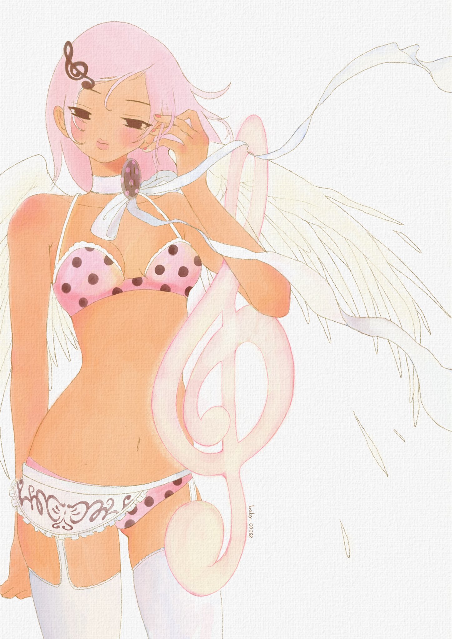original, highres, 1girl, adjusting hair, aiyuni, angel wings, apron, arm behind back, artist name, black eyes, blush, body blush, bra, breasts, choker, cowboy shot, falling feathers, fashion, feathers, floating hair, fortissimo, frilled apron, frilled bra, frills, garter straps, hair ornament, half-closed eyes, lace-trimmed choker, lace trim, large buttons, large ribbon, looking down, lowleg, lowleg panties, medium breasts, medium hair, musical note, musical note hair ornament, navel, no nose, no sclera, panties, pink bra, pink hair, pink lips, pink nails, pink panties, polka dot, polka dot bra, polka dot panties, ribbon choker, spaghetti strap, standing, swept bangs, tan, thick lips, thighhighs, treble clef, two-tone bra, two-tone panties, underwear, waist apron, white background, white choker, white thighhighs, wind, wings