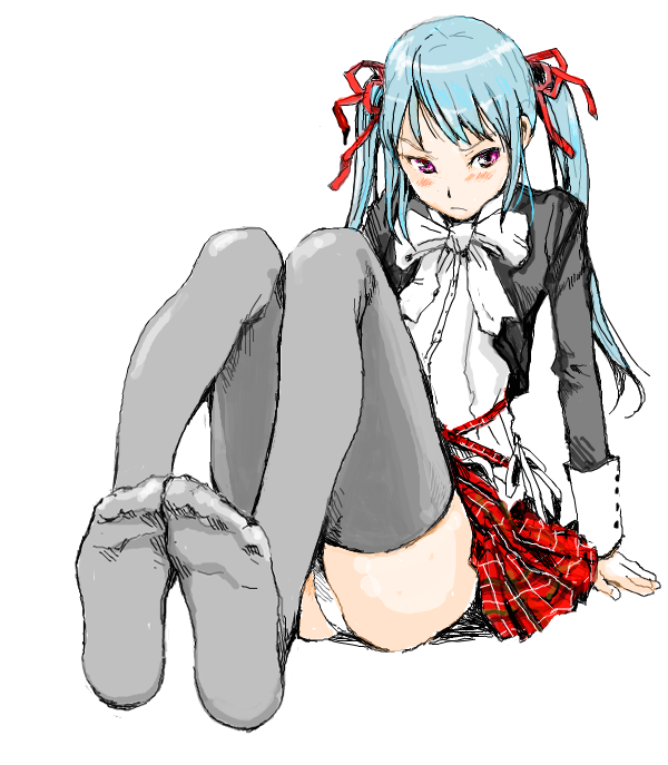 tamaoki benkyou, amatsuka tsurara, baby princess, bad id, bad pixiv id, 00s, 1girl, blue hair, blush, feet, female focus, legs, long hair, no shoes, panties, pantyshot, red eyes, ribbon, simple background, sitting, skirt, solo, thighhighs, twintails, underwear, white background, white panties