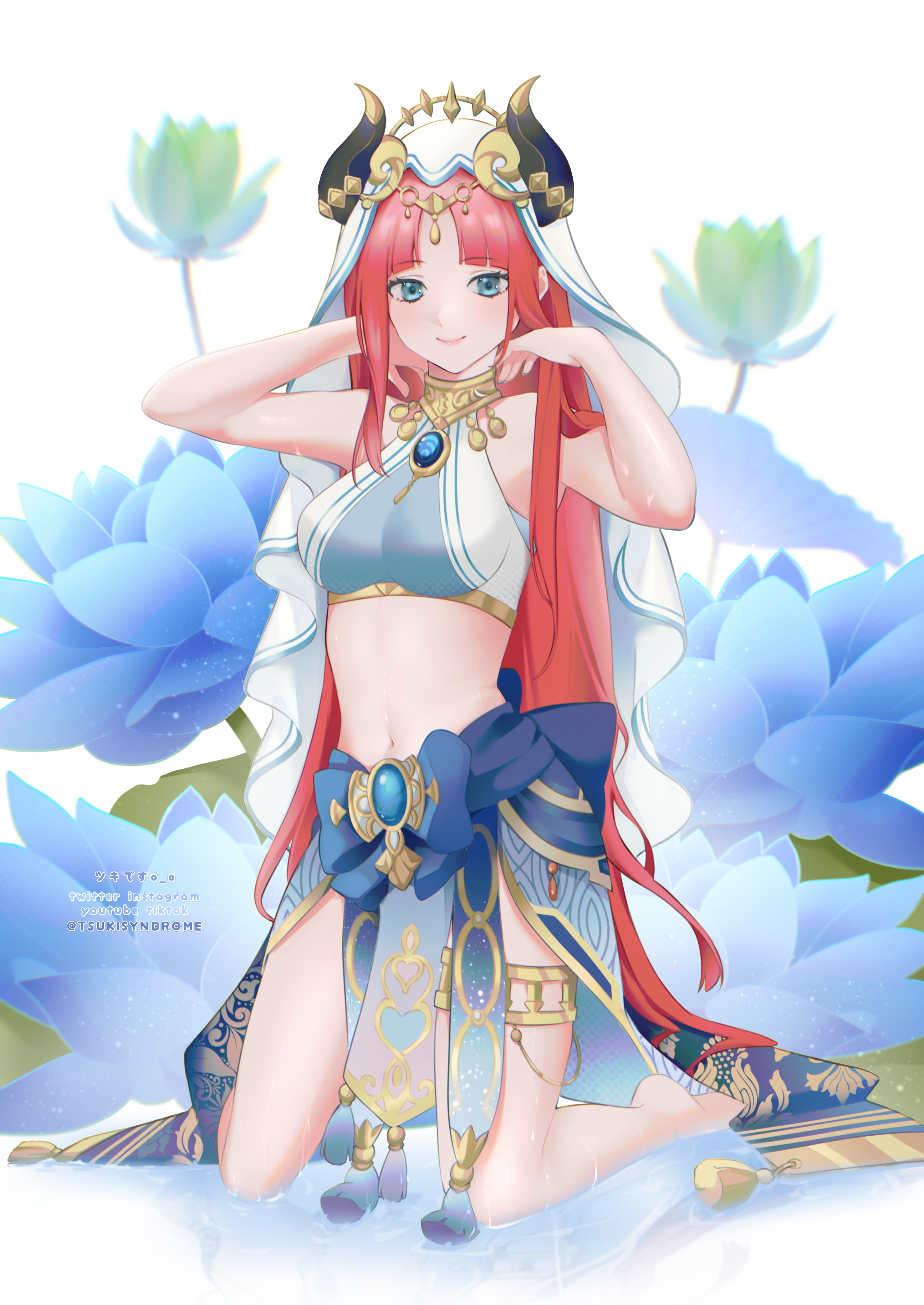 nilou (genshin impact), genshin impact, absurdres, commentary, english commentary, highres, 1girl, bare arms, blue eyes, blue flower, blue gemstone, blue skirt, breasts, brooch, closed mouth, crop top, fake horns, flower, full body, gem, gold thighlet, gold trim, horns, jewelry, kneeling, large breasts, long hair, looking at viewer, navel, neck ring, parted bangs, red hair, skirt, smile, solo, stomach, thighlet, veil, very long hair, vyeranika, white veil
