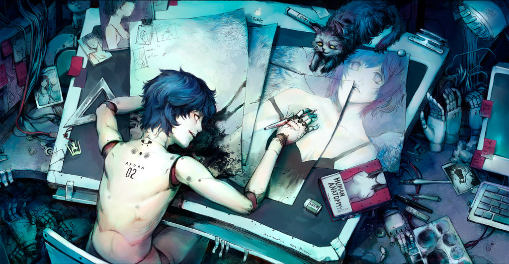 patipat asavasena, patipatasavasena, original, 1boy, blue hair, book, cat, death, doll joints, drawing (action), eraser, guro, indoors, joints, male focus, paint, robot, solo, thai text