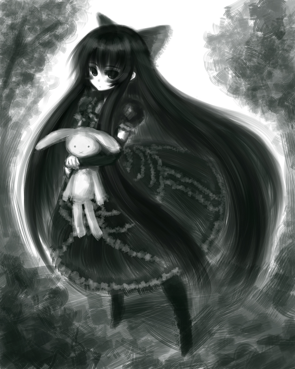 kotoba noriaki, original, highres, 1girl, black eyes, black hair, blush, bow, doll, expressionless, female focus, gothic lolita, green theme, hair bow, holding, large bow, lolita fashion, long hair, monochrome, pale skin, rabbit, ribbon, solo, standing, stuffed animal, stuffed rabbit, stuffed toy, very long hair, x mouth