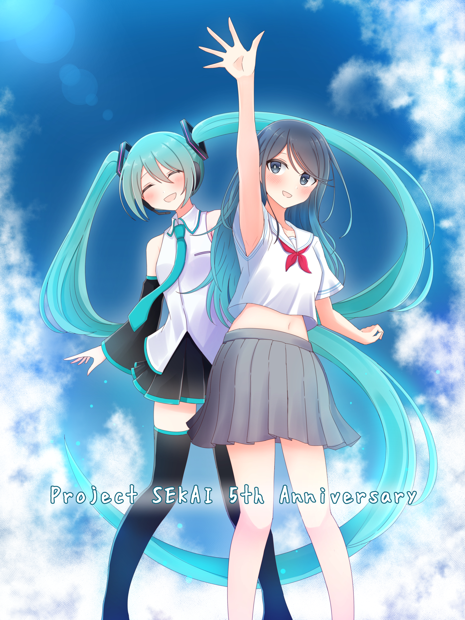 masurao19, hatsune miku, hoshino ichika (project sekai), project sekai, vocaloid, absurdres, highres, 2girls, :d, anniversary, aqua hair, arm up, armpits, black skirt, blue hair, blue sky, blush, closed eyes, cloud, day, detached sleeves, hair ornament, long hair, multiple girls, navel, necktie, open mouth, pleated skirt, shirt, skirt, sky, sleeveless, sleeveless shirt, smile, standing, thighhighs, twintails, very long hair, white shirt