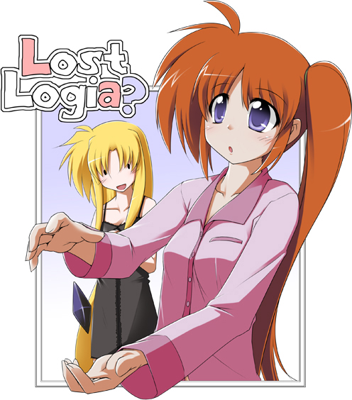 fate testarossa, takamachi nanoha, lyrical nanoha, mahou shoujo lyrical nanoha, 00s, 2girls, :d, :o, antenna hair, black dress, blonde hair, blush, collarbone, dress, long sleeves, multiple girls, open mouth, pajamas, parted lips, purple eyes, red eyes, side ponytail, smile, text focus, upper body