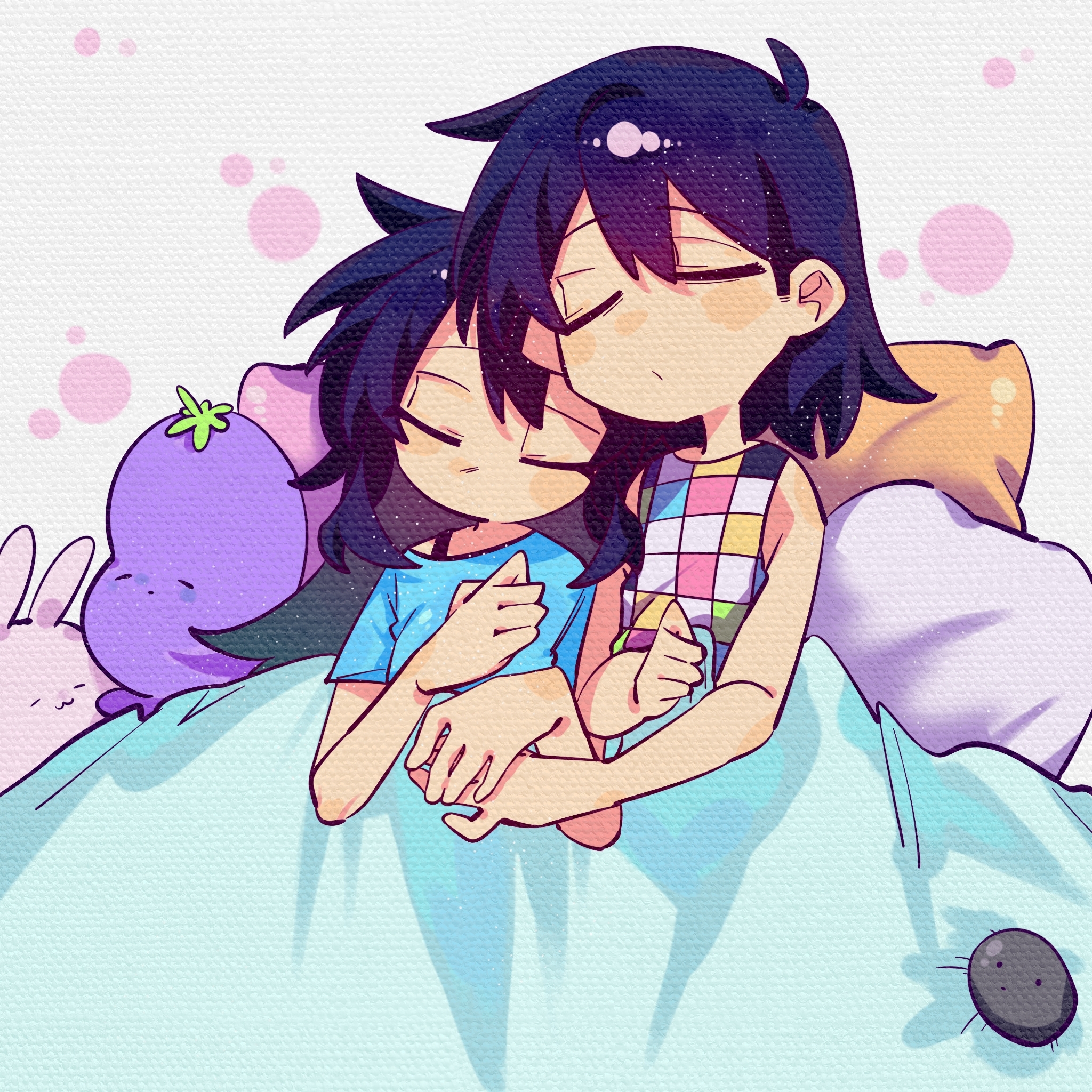 aubrey (headspace) (omori), aubrey (omori), forest bunny (omori), kel (headspace) (omori), kel (omori), mr. plantegg (omori), omori, chinese commentary, commentary request, highres, 1boy, 1girl, blanket, blue shirt, closed eyes, closed mouth, huasuan69416, long hair, pet rock, purple hair, shirt, short hair, short sleeves, t-shirt, tank top, under covers