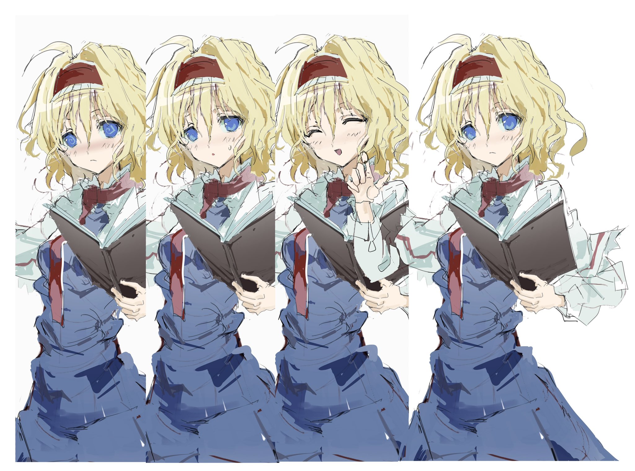 sesmkun, alice margatroid, touhou, commentary, highres, 1girl, :o, blonde hair, blue dress, blue eyes, blush, book, capelet, closed eyes, closed mouth, dress, embarrassed, expressionless, grimoire of alice, hair between eyes, hairband, holding, holding book, lolita hairband, long sleeves, looking at viewer, medium hair, multiple expressions, open mouth, smile, variations, white capelet
