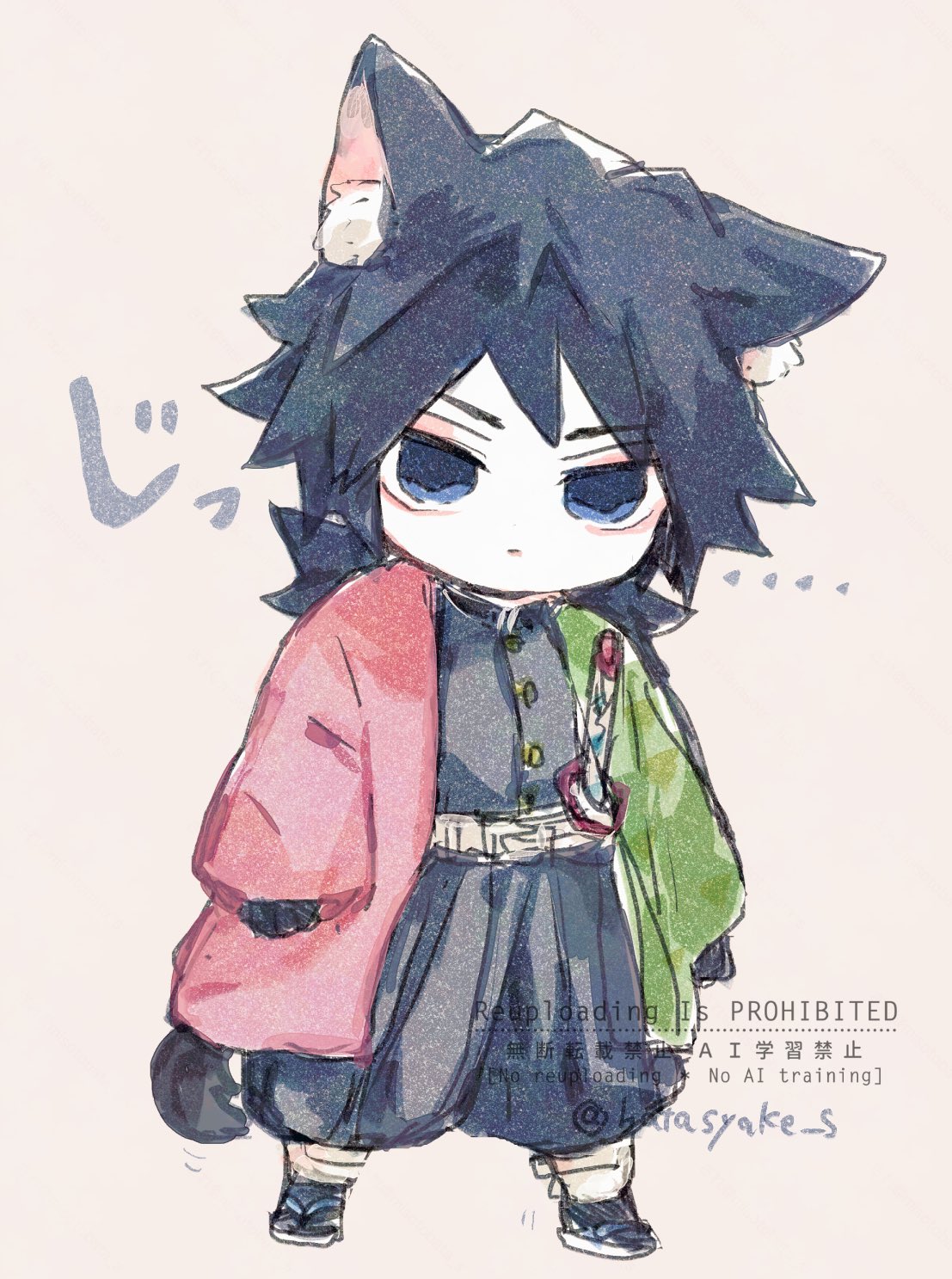 yarakuru, tomioka giyuu, kimetsu no yaiba, highres, 1boy, belt, black hair, black jacket, black pants, blue eyes, buttons, cat boy, chibi, chibi only, closed mouth, demon slayer uniform, empty eyes, english text, full body, gold buttons, haori, high collar, jacket, japanese clothes, katana, kikkoumon, looking at viewer, low ponytail, male focus, pants, ponytail, print haori, red haori, solo, spiked hair, sword, watermark, weapon, white belt