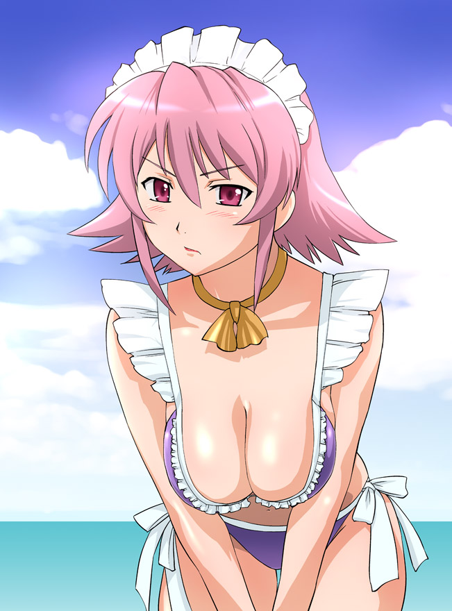 ueyama michirou, wilhelmina carmel, shakugan no shana, 00s, 1girl, beach, bikini, breasts, choker, cleavage, day, female focus, hanging breasts, large breasts, leaning forward, maid, maid bikini, maid headdress, ocean, outdoors, pink hair, purple bikini, ribbon choker, solo, swimsuit, unconventional maid, water