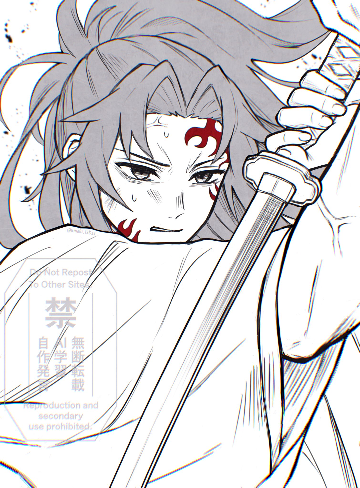 tsugikuni yoriichi, kimetsu no yaiba, highres, 1boy, arms up, clenched teeth, english text, high ponytail, holding, holding sword, holding weapon, katana, long hair, male focus, monochrome, partially colored, ponytail, solo, spiked hair, sword, teeth, umaki 12521, upper body, veins, veiny arms, watermark, weapon