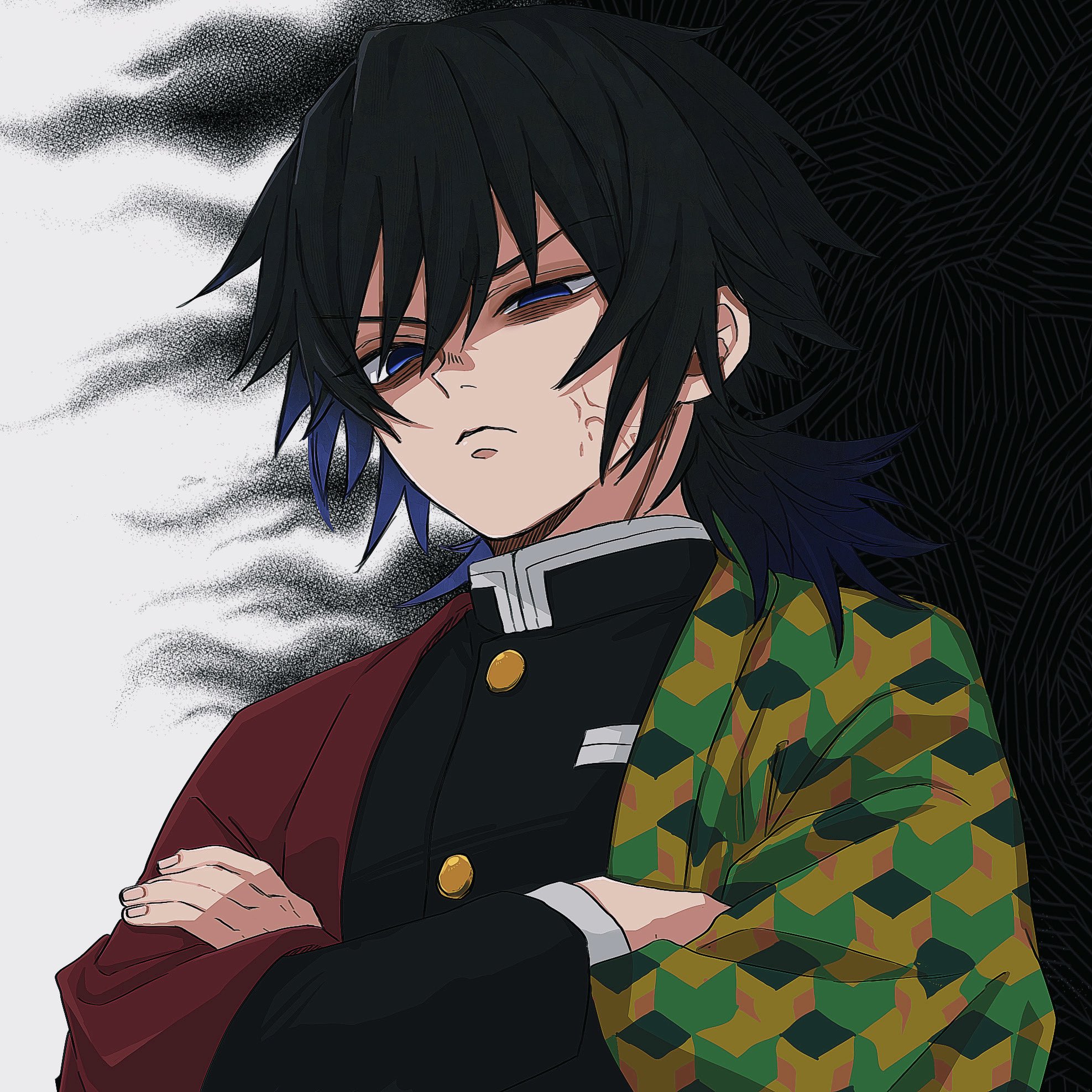 tomioka giyuu, kimetsu no yaiba, highres, 1boy, angry, black hair, black jacket, blue eyes, buttons, crossed arms, demon slayer uniform, gold buttons, half-closed eyes, haori, high collar, jacket, japanese clothes, katana, kikkoumon, low ponytail, male focus, ponytail, print haori, red haori, romisiro00, solo, spiked hair, sword, upper body, veiny face, weapon
