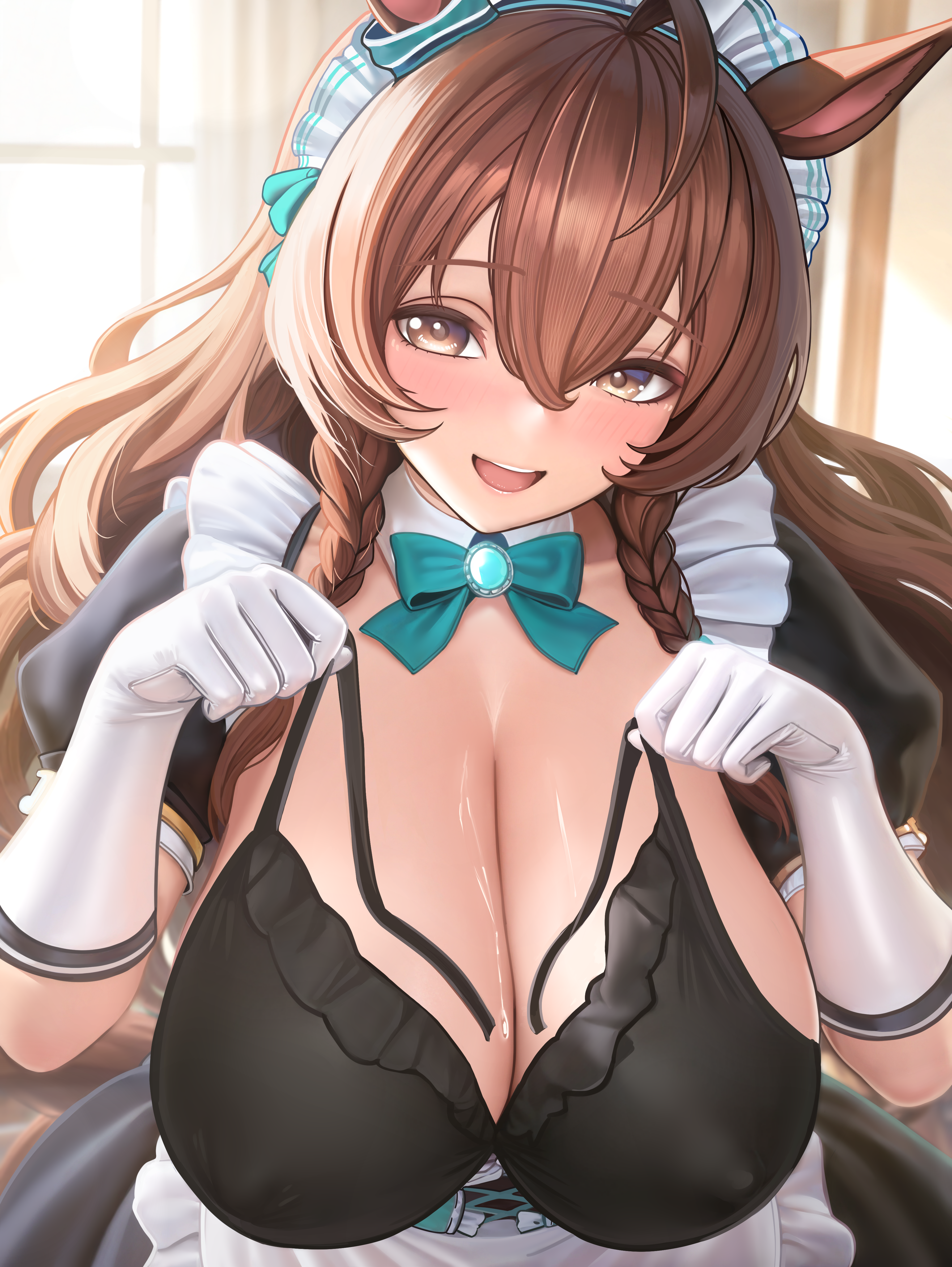 asdkd123, mejiro bright (umamusume), umamusume, absurdres, commentary request, highres, 1girl, alternate breast size (larger), alternate costume, animal ears, aqua bow, aqua bowtie, bikini, black bikini, blush, bow, bowtie, braid, braided sidelocks, breasts, brown eyes, brown hair, cleavage, covered erect nipples, detached collar, elbow gloves, gloves, hair between eyes, horse ears, horse girl, large breasts, long hair, looking at viewer, maid, open mouth, puffy short sleeves, puffy sleeves, short sleeves, smile, solo, sweat, swimsuit, teeth, untied bikini top, upper teeth only, white gloves