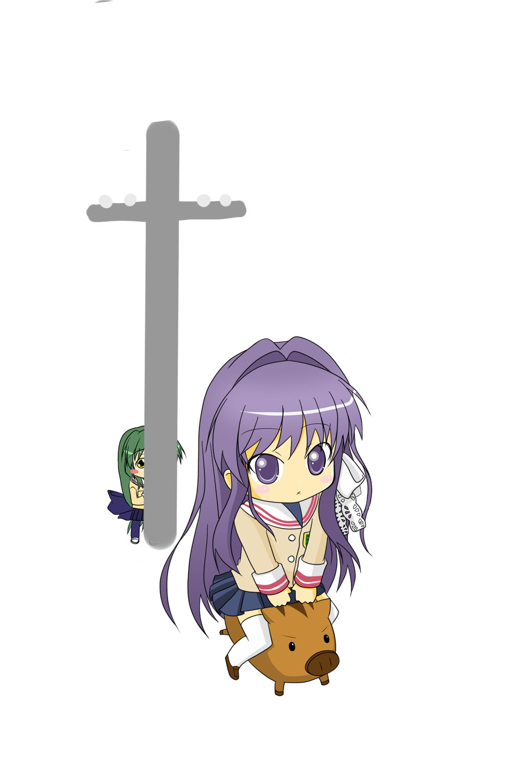 souichi (pocopeco), botan (clannad), fujibayashi kyou, ibuki fuuko, clannad, white legwear, bad id, bad pixiv id, highres, 00s, 2girls, blush stickers, chibi, electrical pole, green hair, hiding, looking at viewer, multiple girls, pantyhose, pig, pleated skirt, purple eyes, purple hair, riding, school uniform, skirt, thighhighs, utility pole, x mouth, yellow eyes, zettai ryouiki