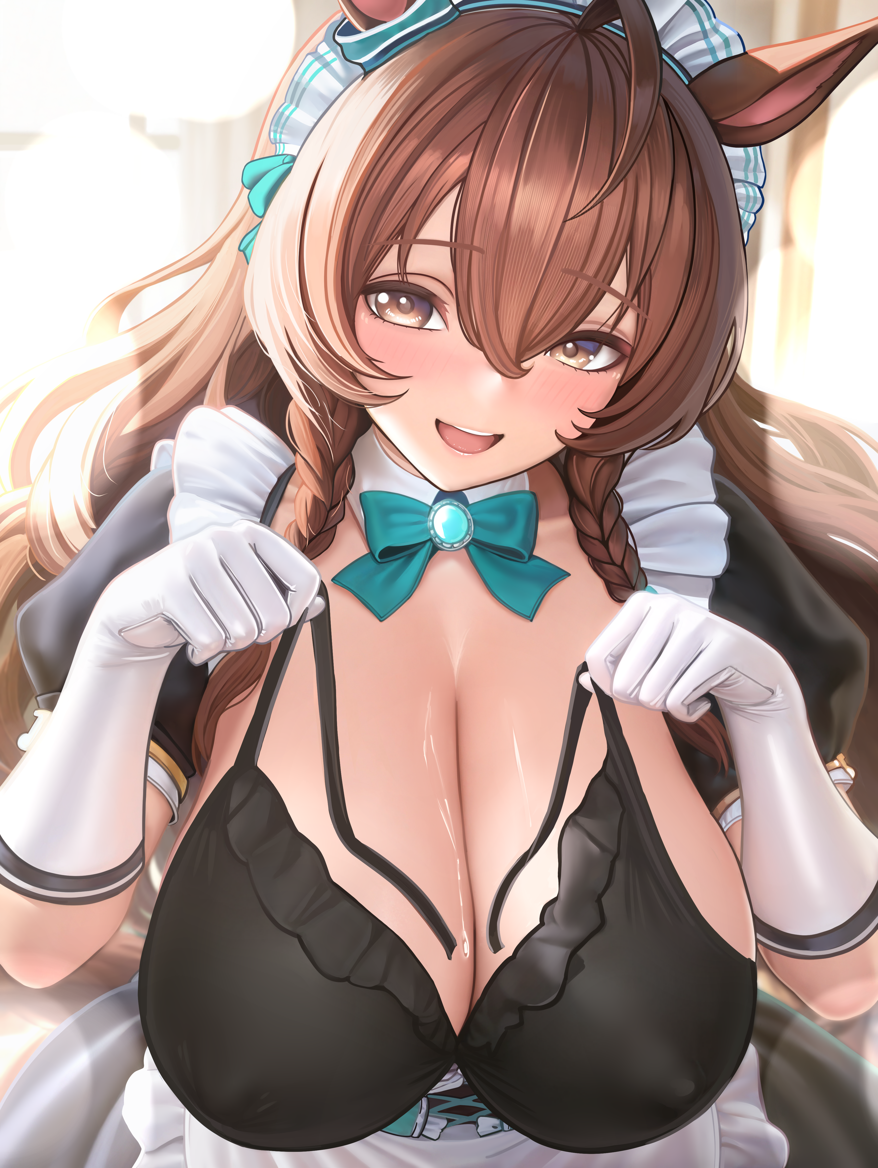 asdkd123, mejiro bright (umamusume), umamusume, absurdres, commentary request, highres, 1girl, alternate breast size (larger), alternate costume, animal ears, aqua bow, aqua bowtie, bikini, black bikini, blush, bow, bowtie, braid, braided sidelocks, breasts, brown eyes, brown hair, cleavage, covered erect nipples, detached collar, elbow gloves, gloves, hair between eyes, horse ears, horse girl, large breasts, long hair, looking at viewer, maid, open mouth, puffy short sleeves, puffy sleeves, short sleeves, smile, solo, sweat, swimsuit, teeth, untied bikini top, upper teeth only, white gloves