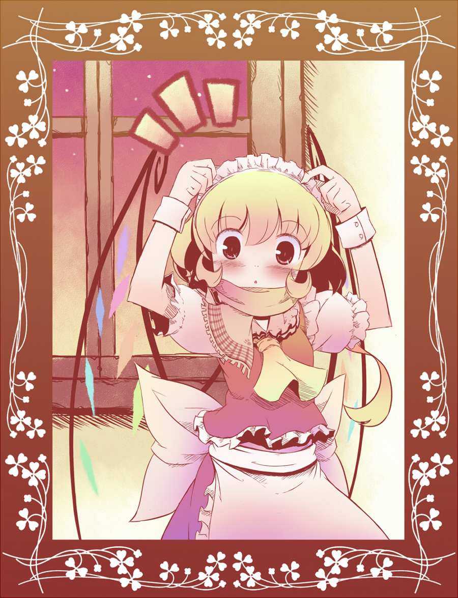 takahero, flandre scarlet, touhou, 1girl, ^^^, adapted costume, alternate costume, apron, blonde hair, blouse, female focus, frilled vest, frills, long hair, shirt, solo, vest, white shirt, wrist cuffs