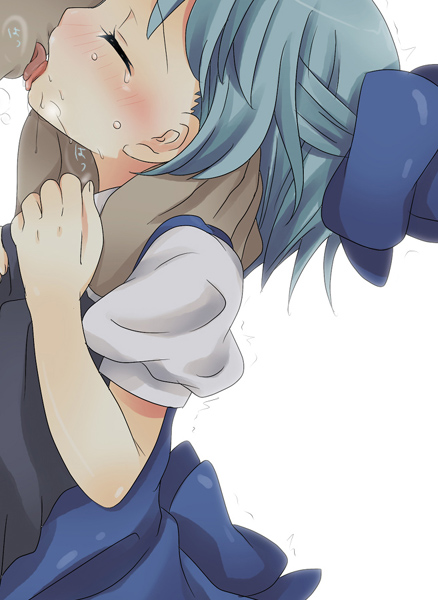 maki (natoriumu), maki (pixiv), cirno, embodiment of scarlet devil, touhou, bad id, bad pixiv id, 1boy, 1girl, artistic error, blue hair, blush, bow, closed eyes, female focus, french kiss, hair ribbon, kiss, loli, ribbon, saliva, simple background, tears, tongue, trembling, white background