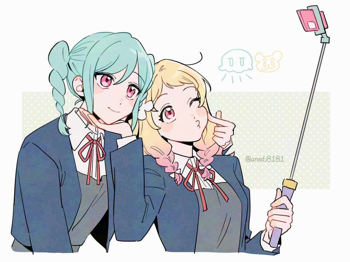 bak pep, onitsuka natsumi, onitsuka tomari, love live!, love live! superstar!!, braided twintails, 2girls, aqua hair, blonde hair, blue jacket, blush, border, braid, cellphone, cheek poking, closed mouth, collared shirt, dotted background, dress, dress shirt, gradient hair, grey dress, hair between eyes, hair ornament, hand on another's chin, holding, holding stick, jacket, long hair, long sleeves, looking at object, looking at phone, loose hair strand, multicolored hair, multiple girls, one eye closed, open clothes, open jacket, phone, pinafore dress, pink eyes, poking, red ribbon, ribbon, school uniform, selfie stick, shirt, short bangs, siblings, sideburns, sidelocks, simple background, sisters, sleeveless, sleeveless dress, smartphone, smile, stick, taking picture, twin braids, twintails, twitter username, white border, white shirt, winter uniform, yuigaoka school uniform