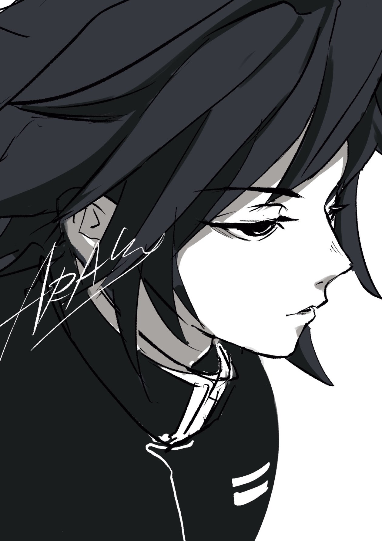 tomioka giyuu, kimetsu no yaiba, highres, 1boy, black hair, black jacket, demon slayer uniform, greyscale, hair between eyes, half-closed eyes, high collar, jacket, kuidaorearaku, long hair, low ponytail, male focus, monochrome, ponytail, signature, simple background, solo, spiked hair, upper body, white background